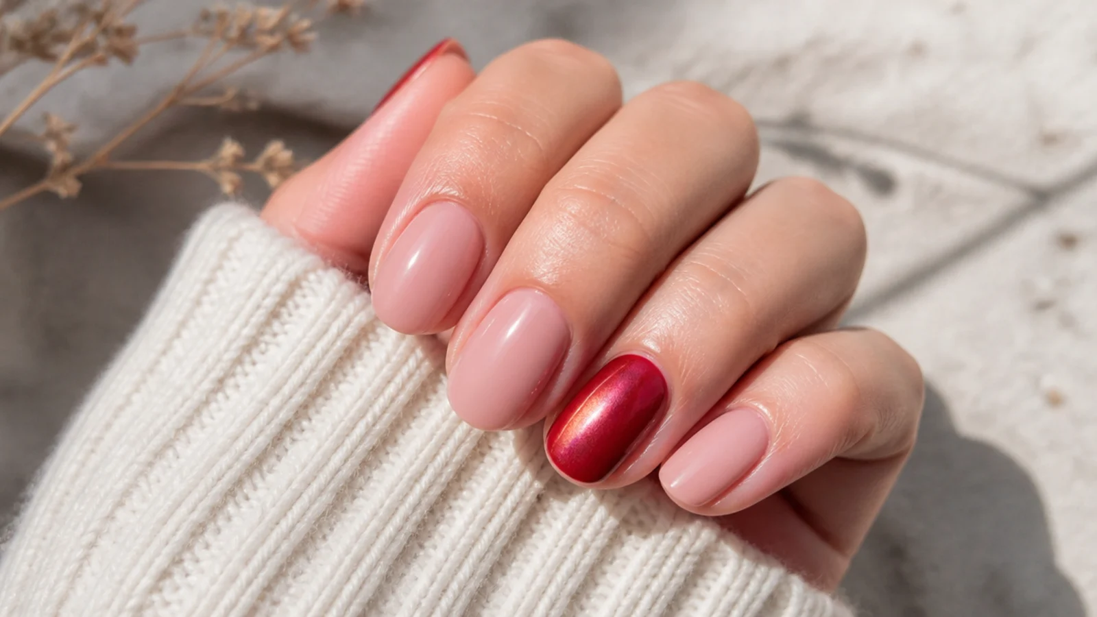 Nude manicure with one red aura chrome accent nail on the ring finger