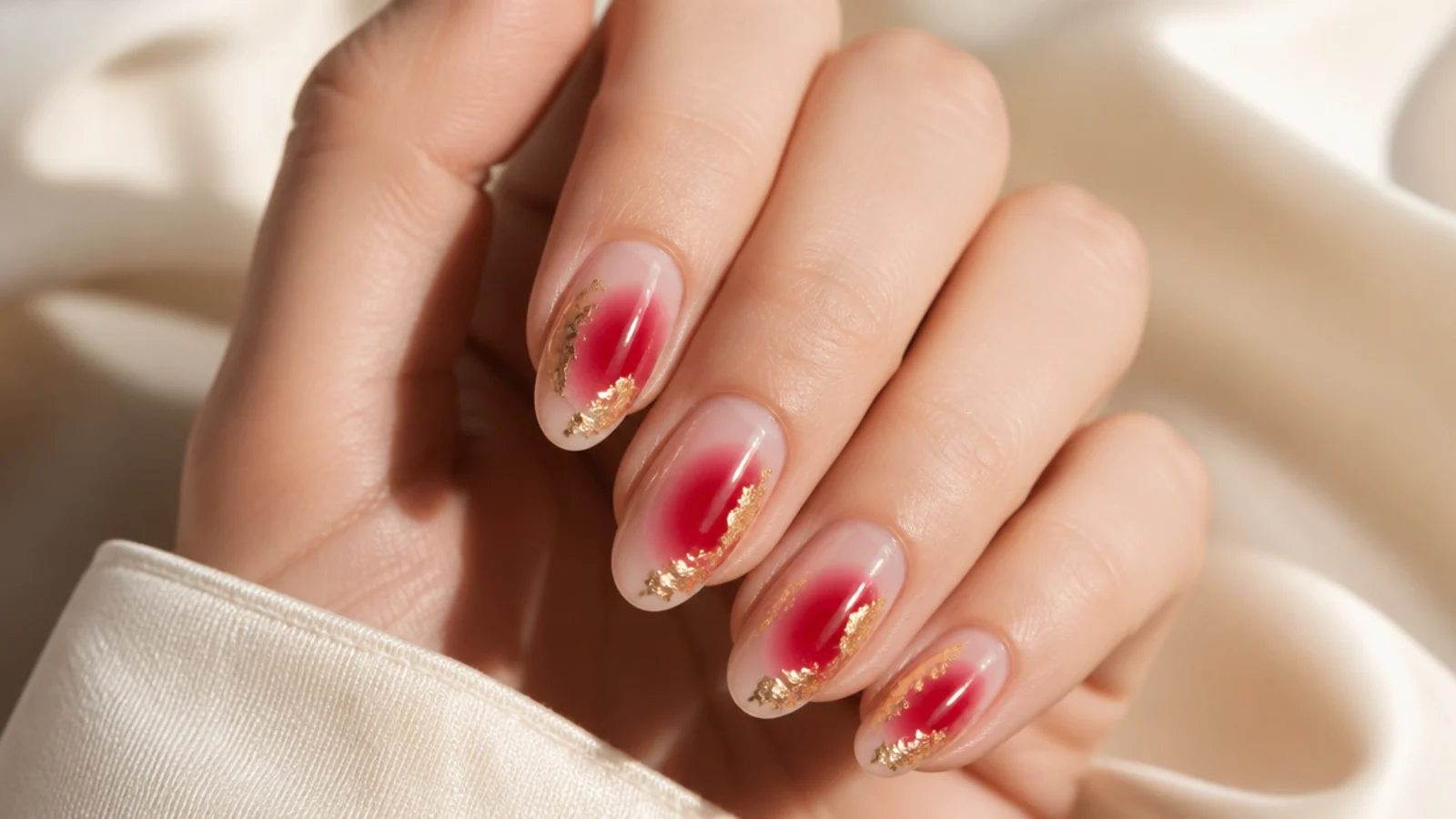 Red aura nails with torn gold leaf flakes pressed into the outer edge of the red glow