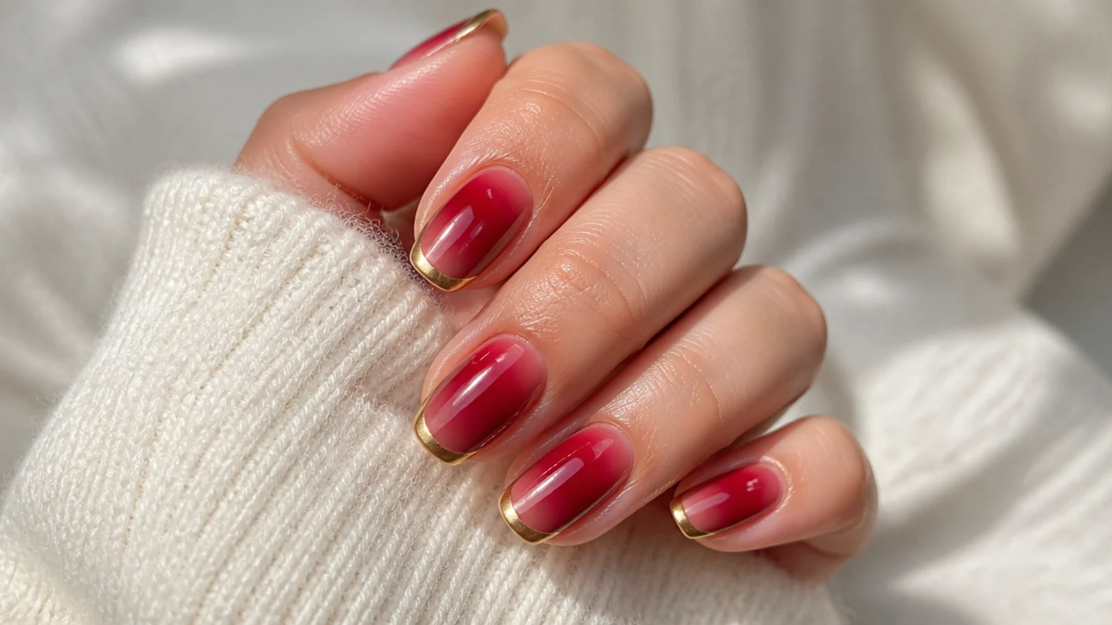 Red aura nails with warm gold chrome buffed along the free edge tips
