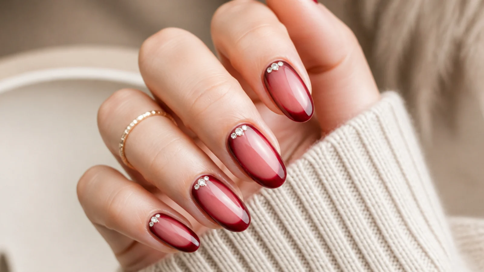 Red aura nails with a small cluster of clear rhinestones set near the cuticle