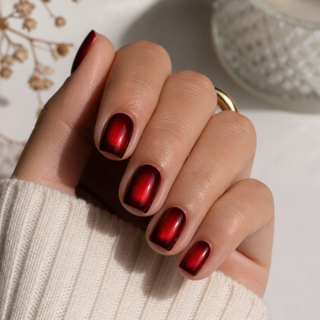 Short square red aura nails with a rectangular red glow centered on each flat nail