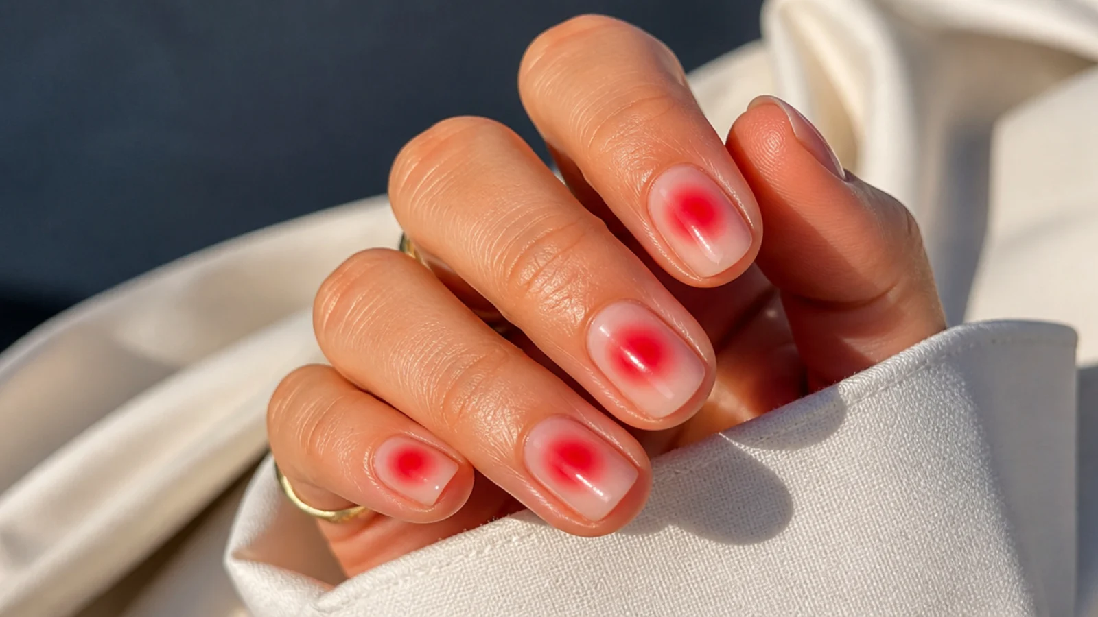 Short natural length red aura nails with a compact red glow on a bare nude base