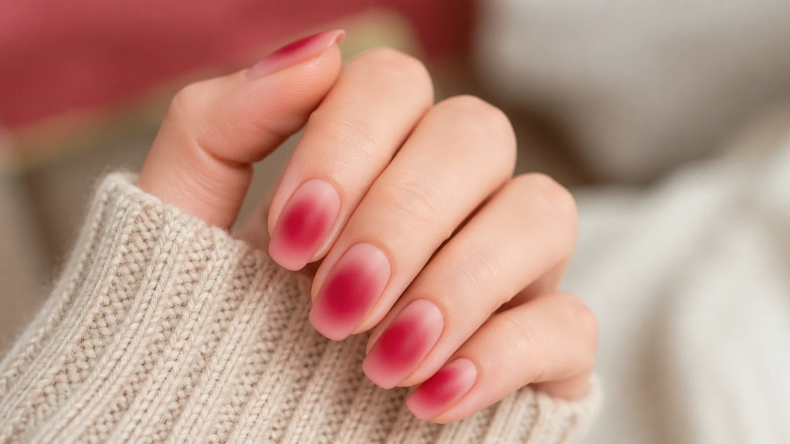 Matte red aura nails with a velvety flat red glow and no shine on a nude base
