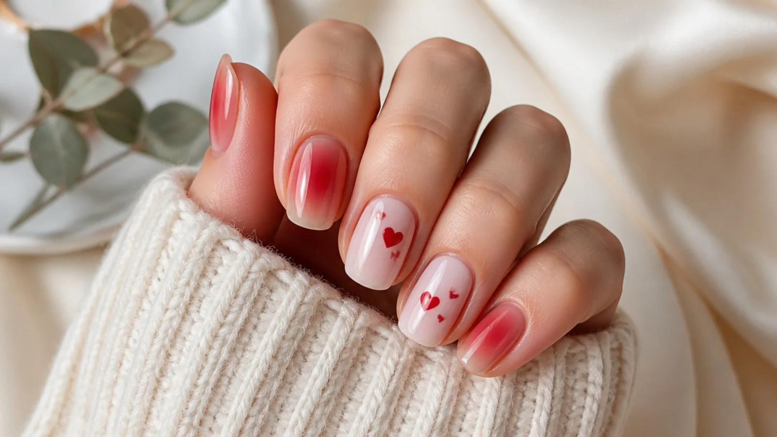 Red aura nails with tiny painted hearts on two accent nails over a milky base