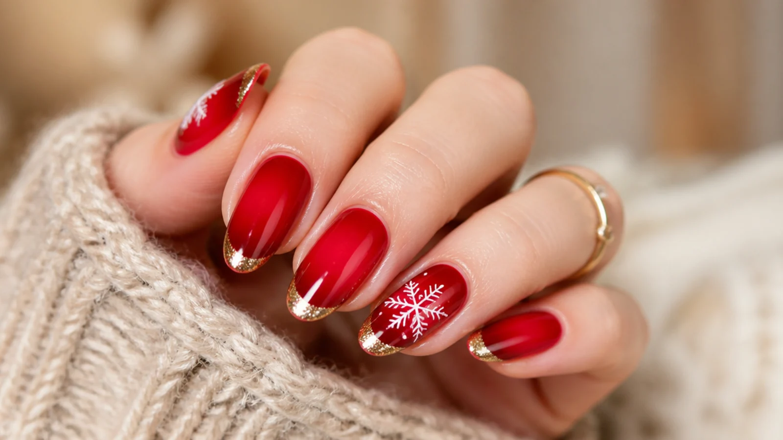 Red aura nails with gold chrome tips and one white snowflake accent nail for Christmas