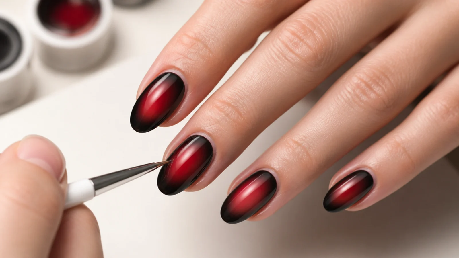Black and red aura nail in progress showing the clean gap left between the red center and black outer fade