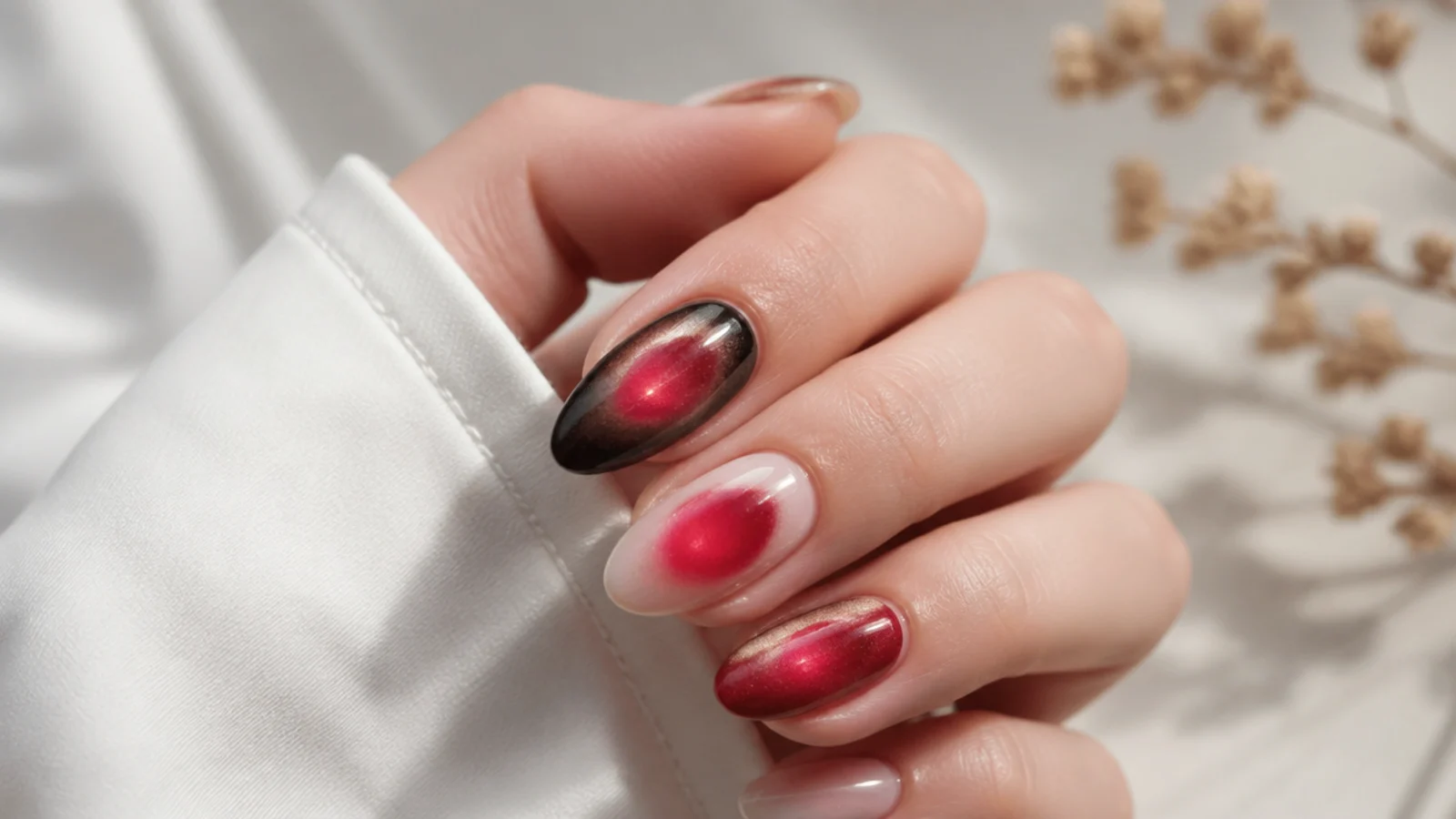 Three red aura nails with chrome powder over black nude and milky bases showing different finishes