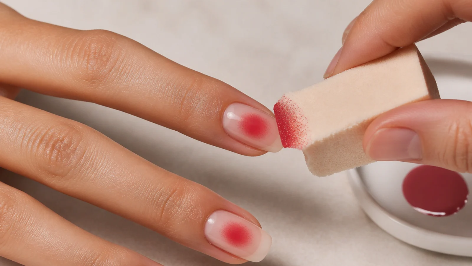 A torn makeup sponge dabbing red gel polish into the center of a nude nail