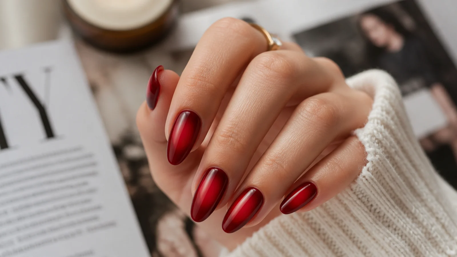 Red aura nails with a warm crimson glow representing passion energy and confidence