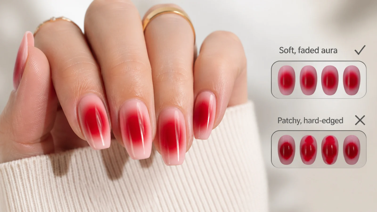 Four red aura nails compared showing patchy blotchy hard edged and correctly faded results