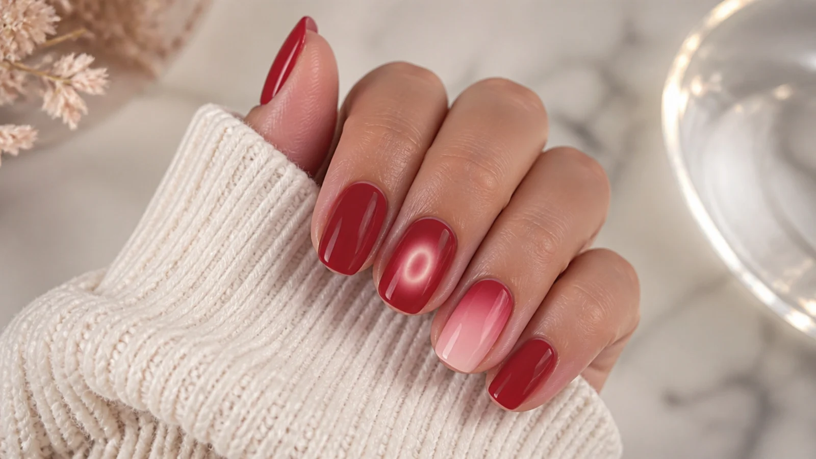Two red nails compared, one with a centered aura halo and one with a tip to cuticle ombre fade
