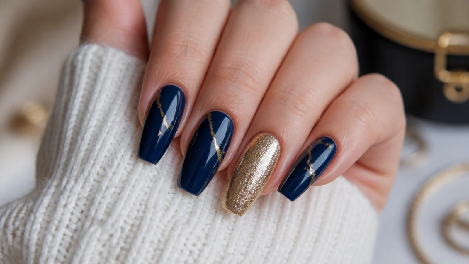 Navy blue coffin nails with thin gold foil lines and a gold accent nail