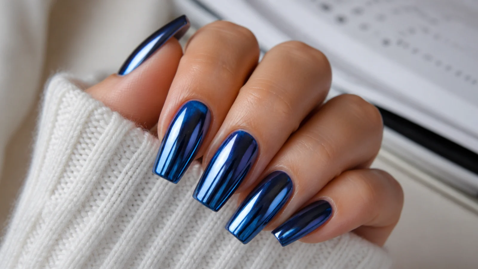 Dark blue chrome coffin nails with a liquid metal mirror finish