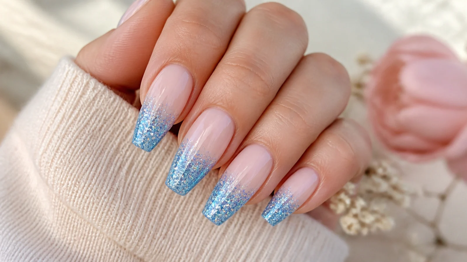 Blue glitter ombre coffin nails with sparkle densest at the flat tip