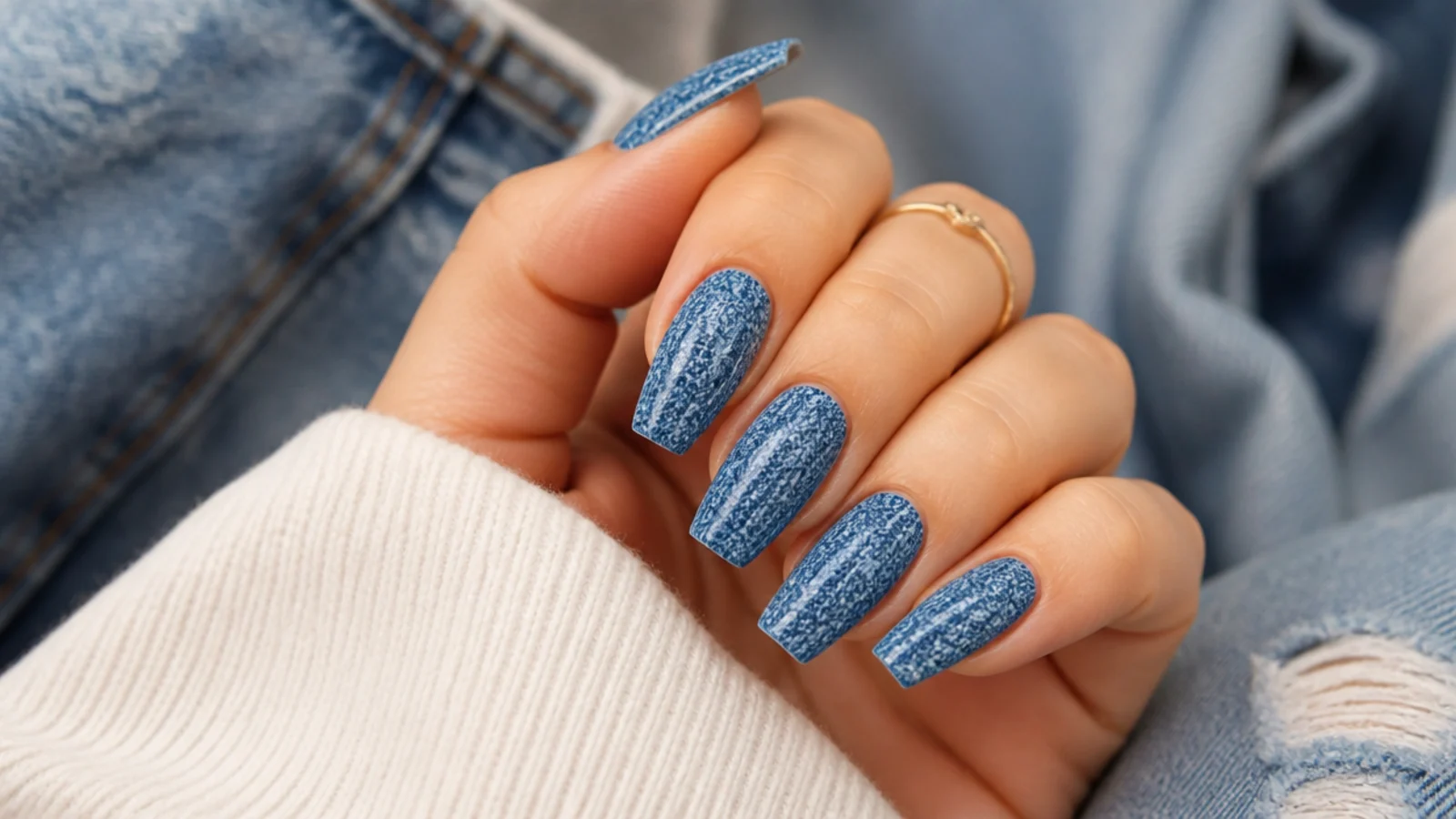 Denim blue coffin nails with a faded washed indigo texture