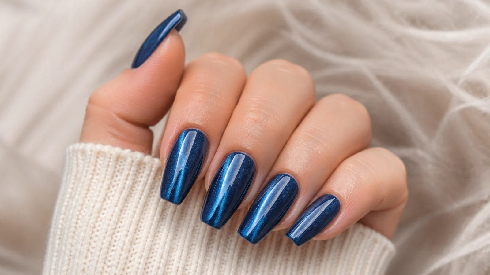 Blue cat eye coffin nails with a magnetic shimmer stripe down each nail