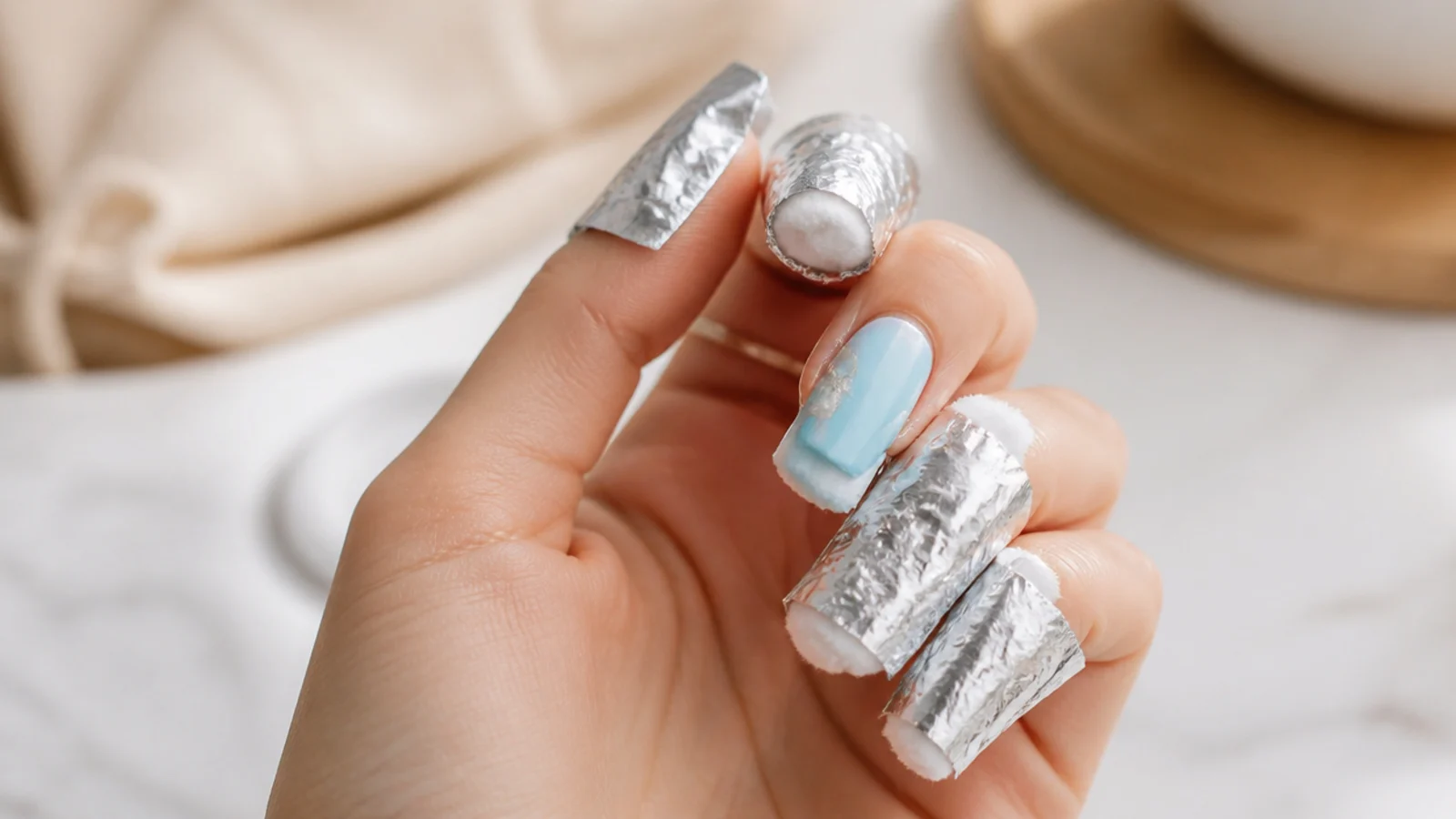 Acetone-soaked cotton and foil wrapped on a blue coffin nail for removal
