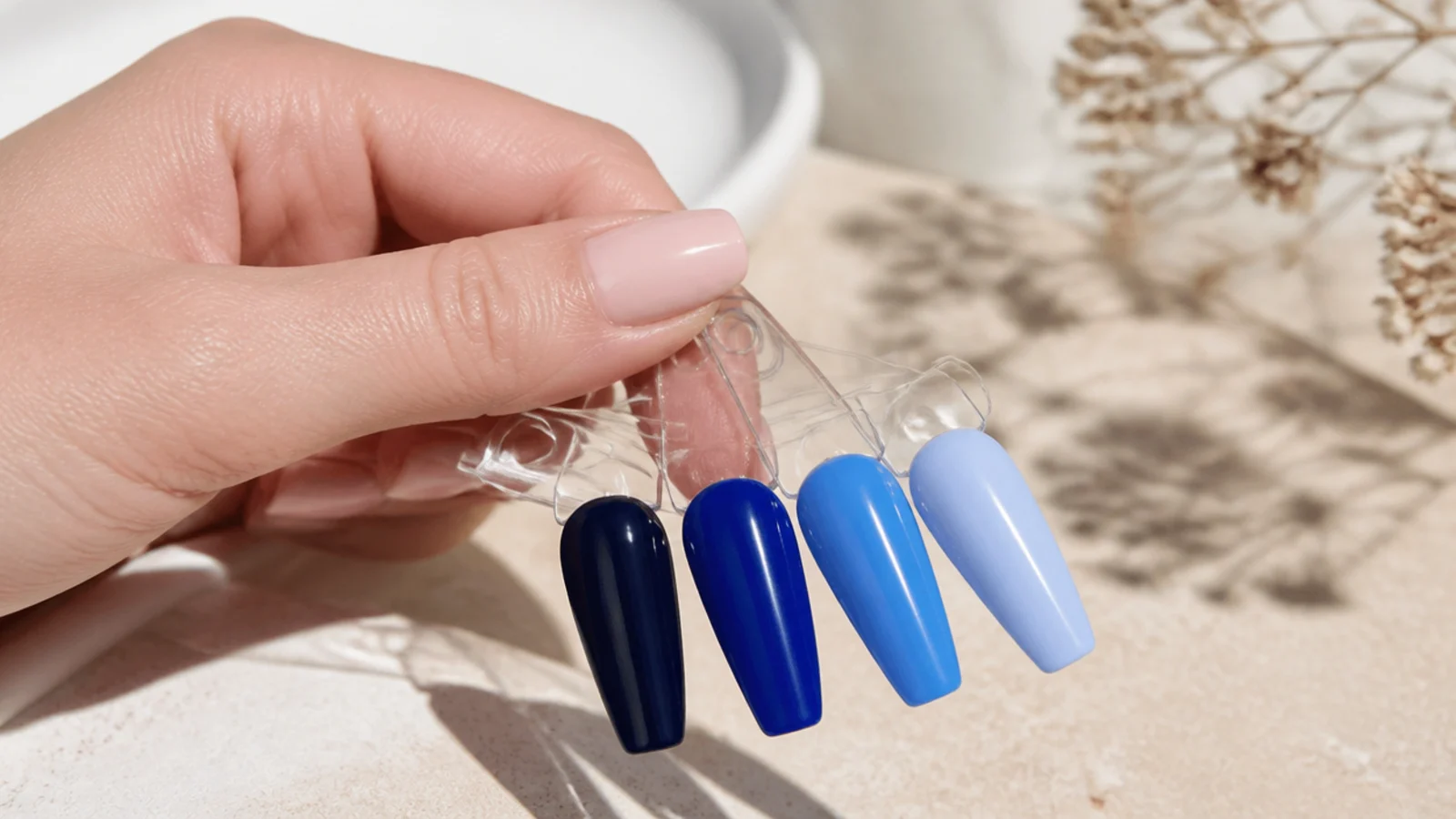 Navy, royal, cobalt and baby blue coffin nail swatches side by side