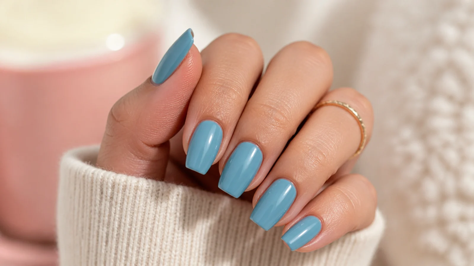Short blue coffin nails showing the free edge needed for a visible taper