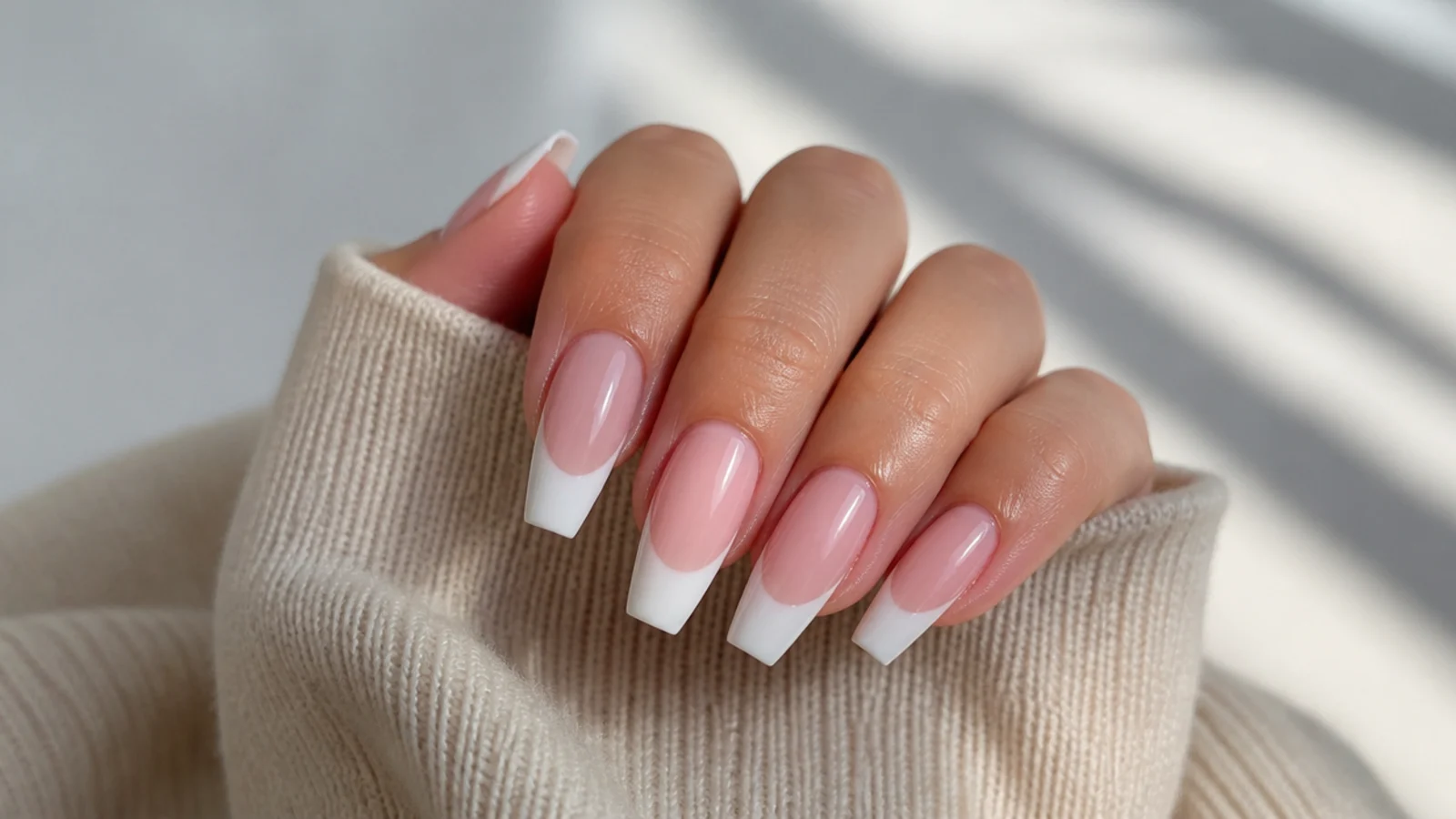Long white French tip coffin nails with a crisp straight smile line on a sheer pink base