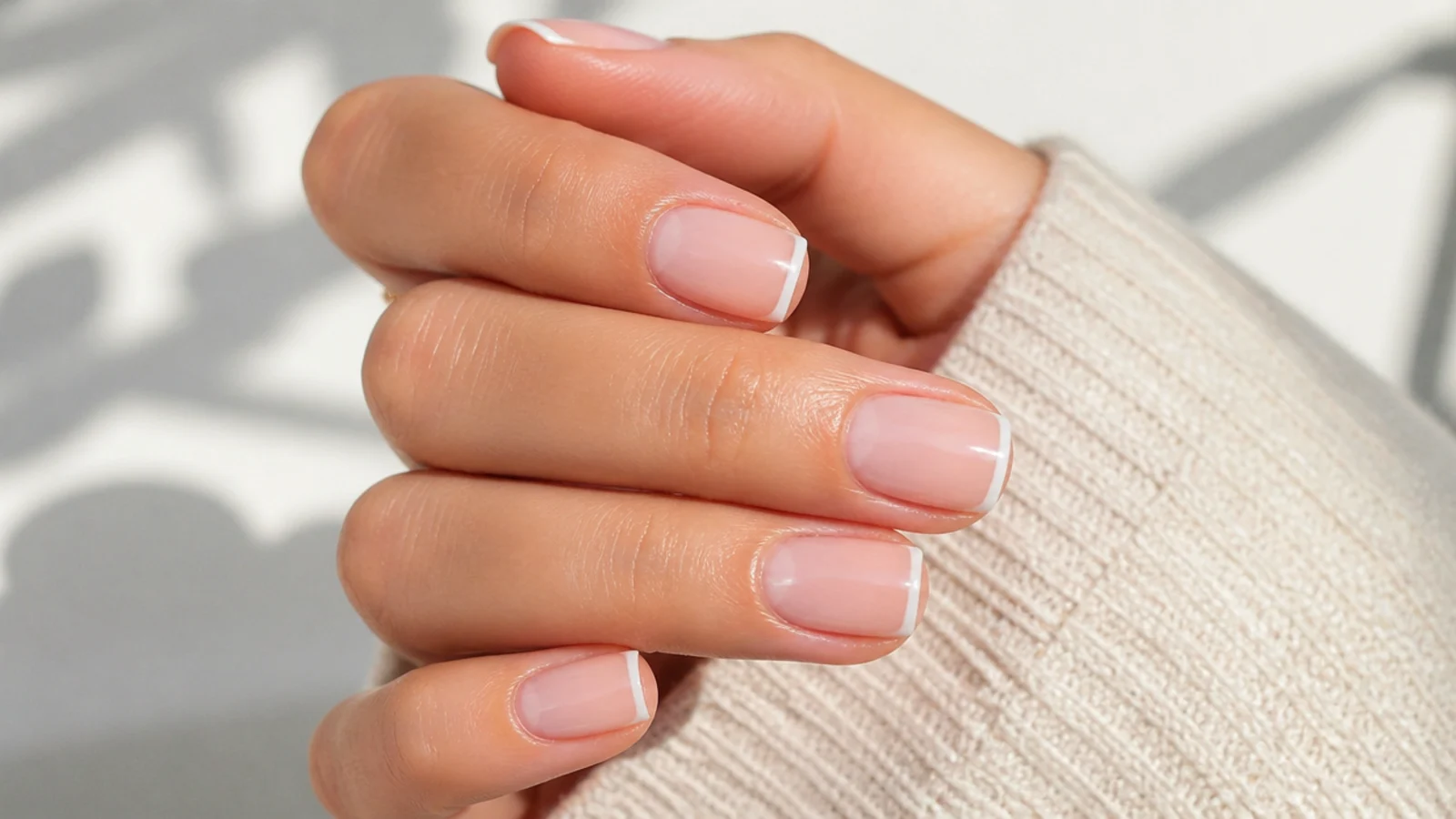 Short coffin nails with a hairline white micro French tip on a bare nail