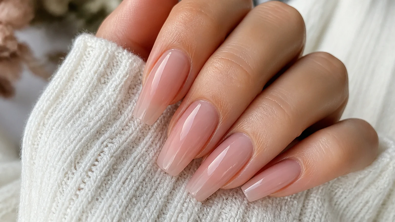 Translucent jelly coffin nails showing the natural nail through a glossy tinted overlay