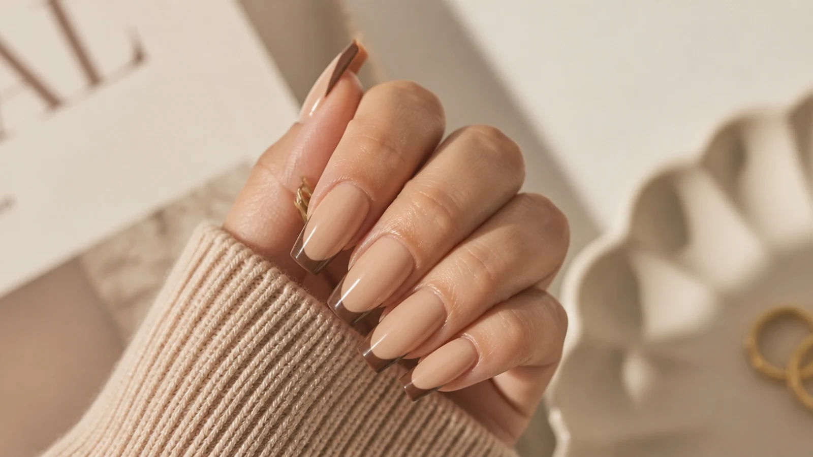 Medium coffin nails with mocha brown French tips over a warm beige base