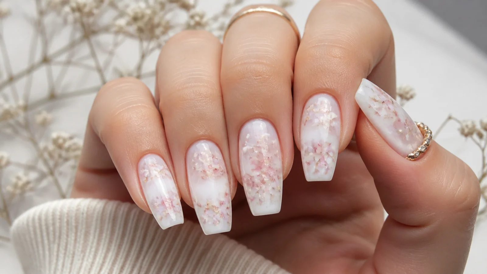 Milk bath coffin nails with tiny dried flower petals suspended under a cloudy white overlay