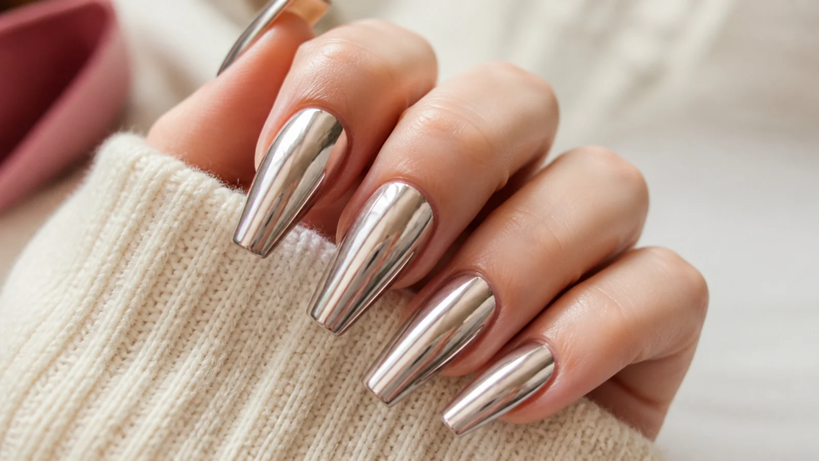 Long silver chrome coffin nails with a liquid mirror finish and tapered sidewalls