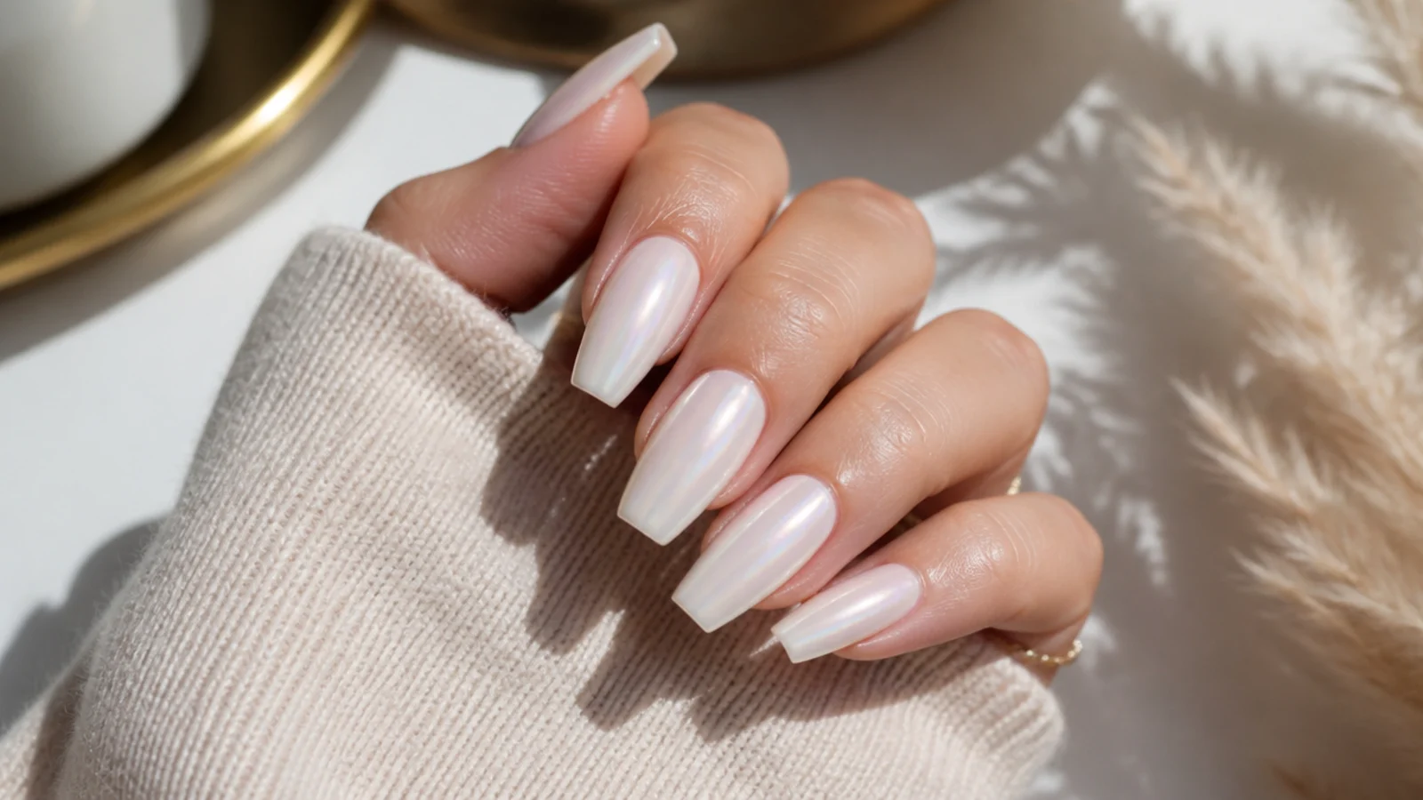 Pearl white chrome coffin nails with a soft iridescent glazed sheen