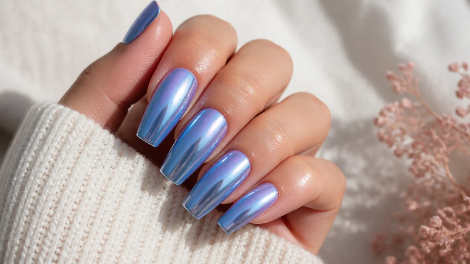 Periwinkle blue chrome coffin nails with a cool violet metallic shift