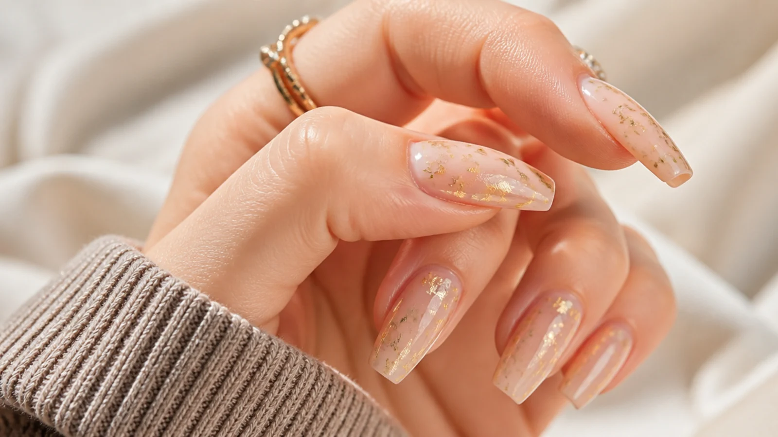 Nude coffin nails with torn gold leaf foil fragments sealed under gloss top coat