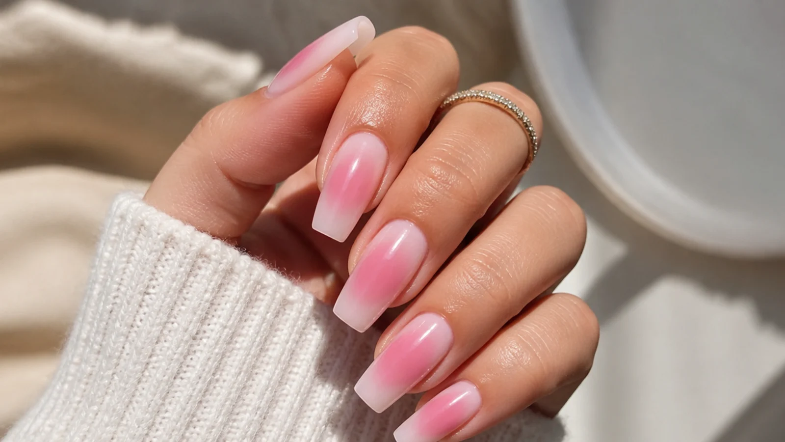 Coffin nails with a pink aura halo airbrushed into the center of a pale nude base