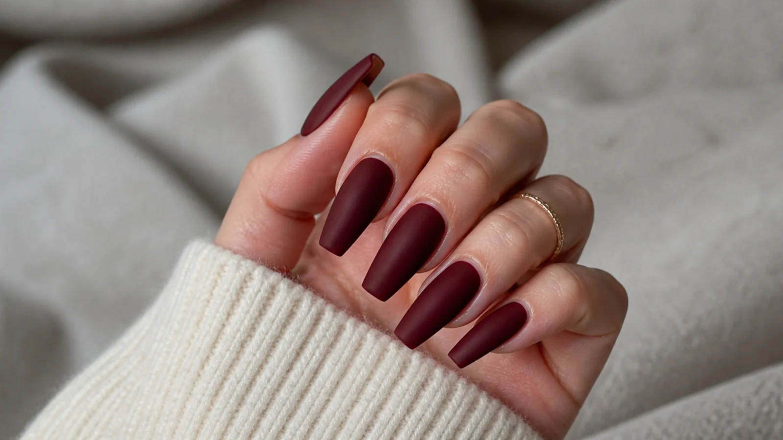 Long oxblood wine red matte coffin nails with a velvet flat finish