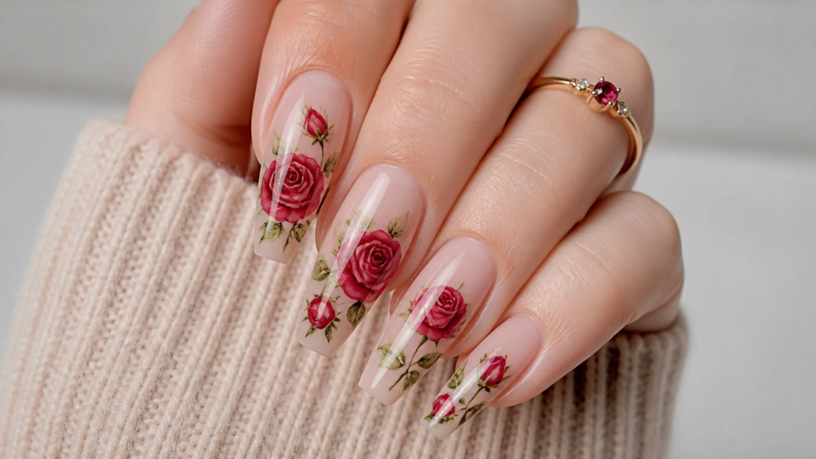 Long coffin nails with a hyper-realistic hand-painted red rose over a sheer nude base