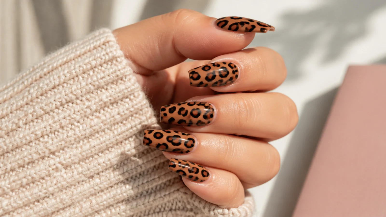 Medium coffin nails with brown and black leopard print spots on a caramel base