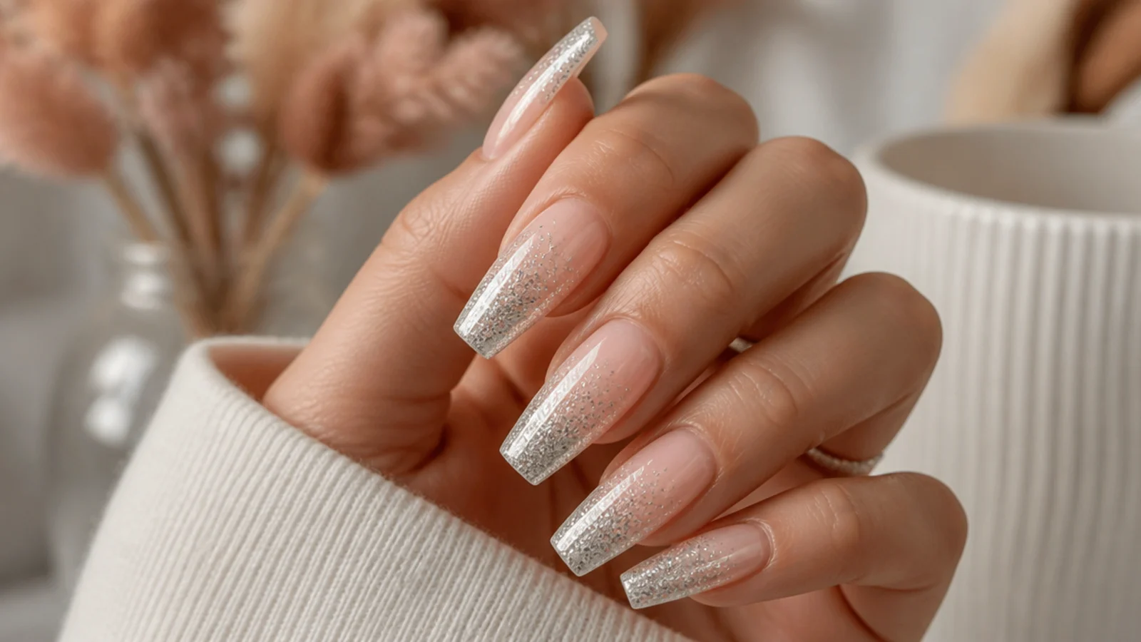 Long coffin nails with a silver glitter gradient fading from the tip toward a nude base