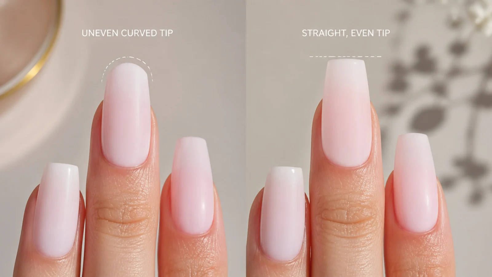Two coffin nails compared, one with an uneven curved tip and one filed straight and symmetrical