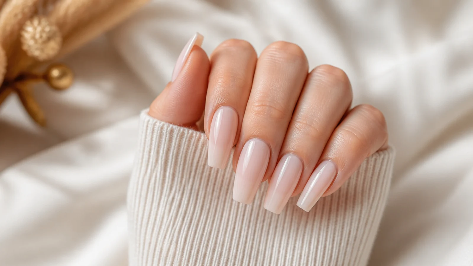Medium length coffin nails in milky nude with tapered sidewalls and a flat squared tip