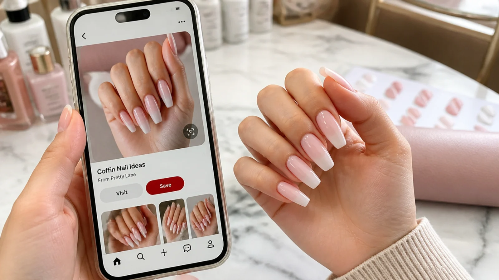 Phone showing coffin nail reference photos held beside a hand at a nail salon table