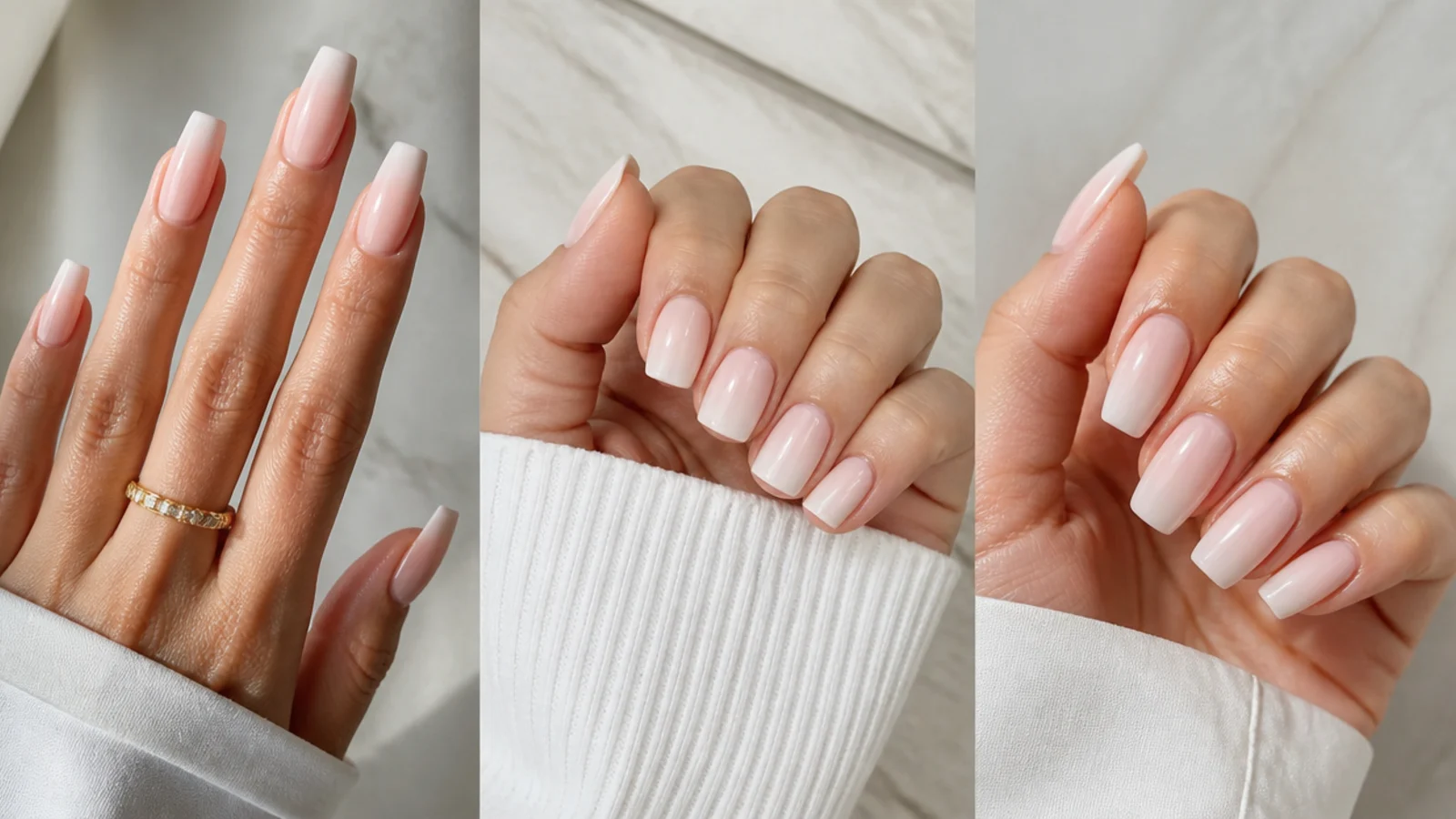 Three hands compared showing long narrow, wide short and medium nail beds for coffin nails