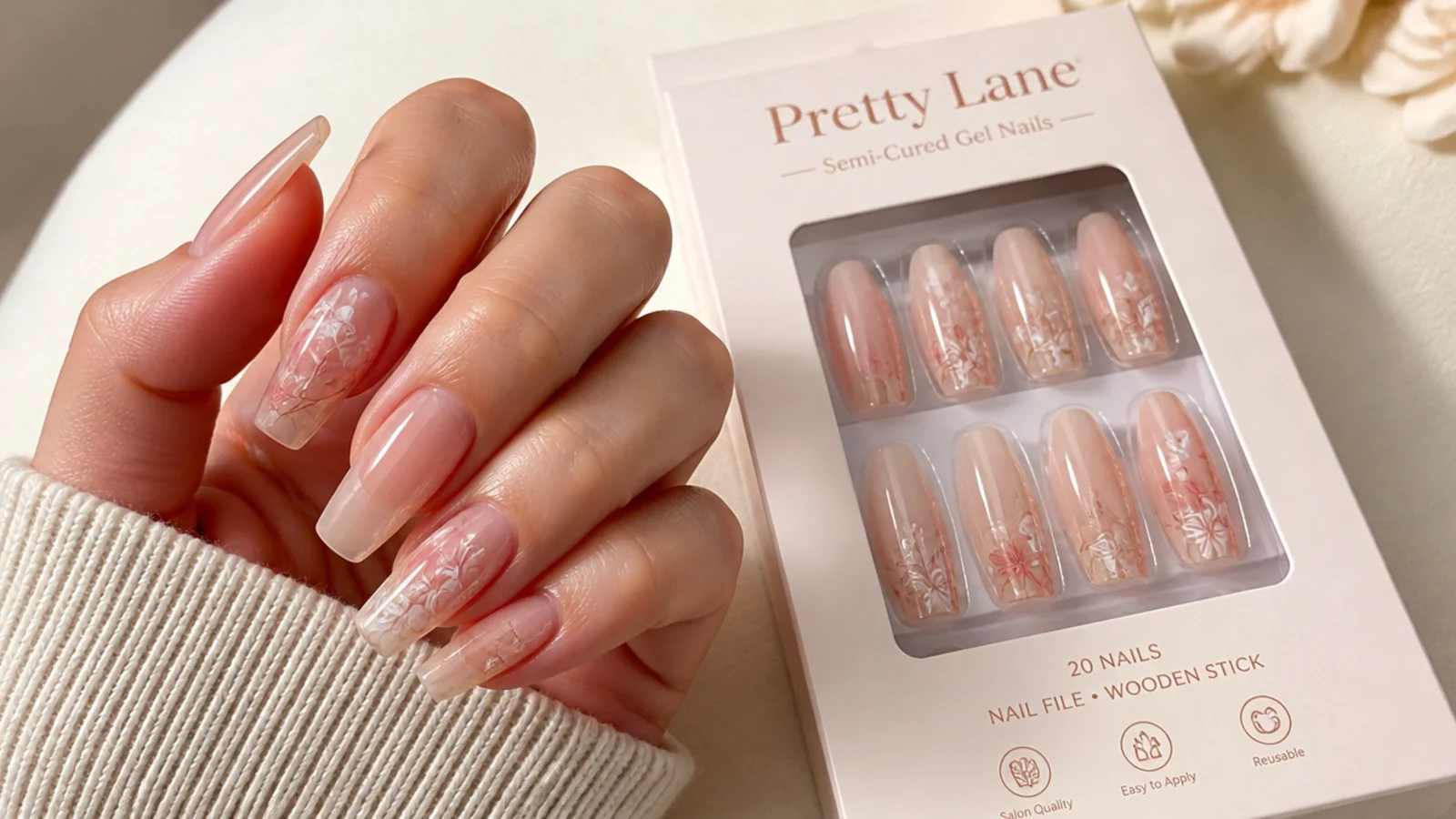 Glossy medium coffin press-on nails with a semi-cured gel finish in a flat pack