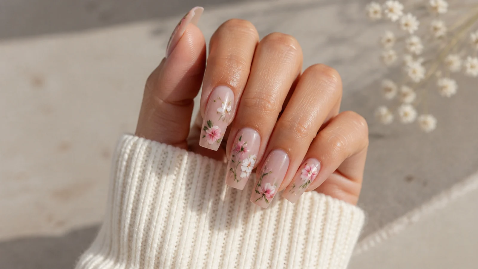 Medium length coffin press-on nails in a hand-painted floral design with a flat filed tip