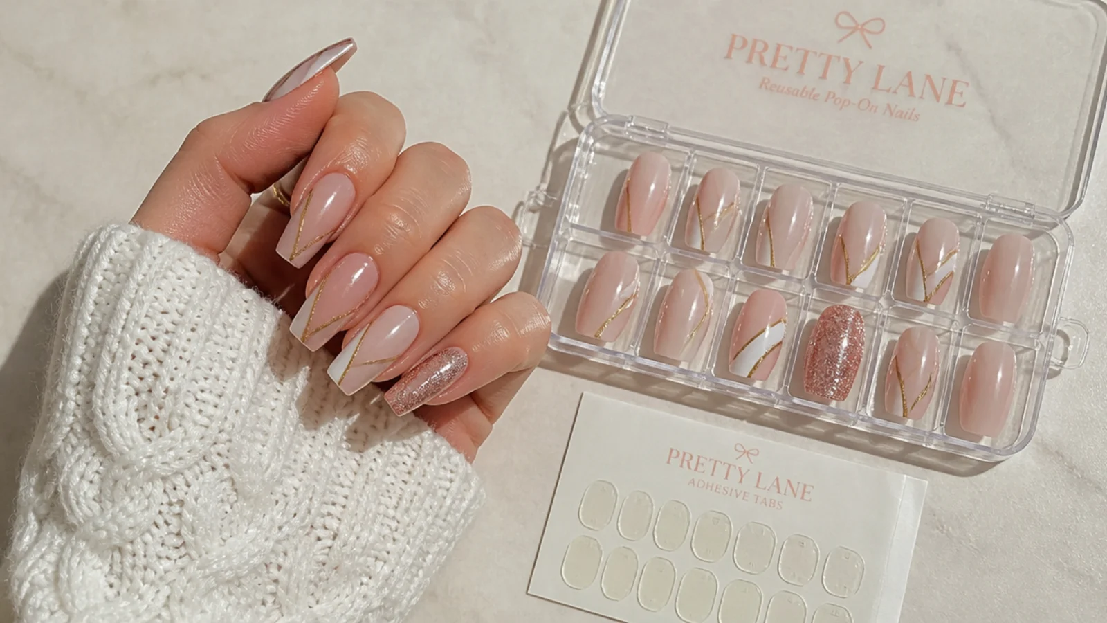 Thick reusable coffin pop-on nails with a storage tray and adhesive tabs