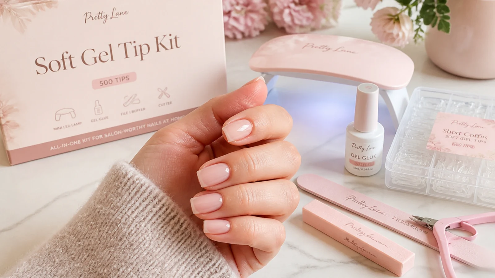 A short coffin soft gel tip kit with 500 tips, mini LED lamp, gel glue, file, buffer and cutter