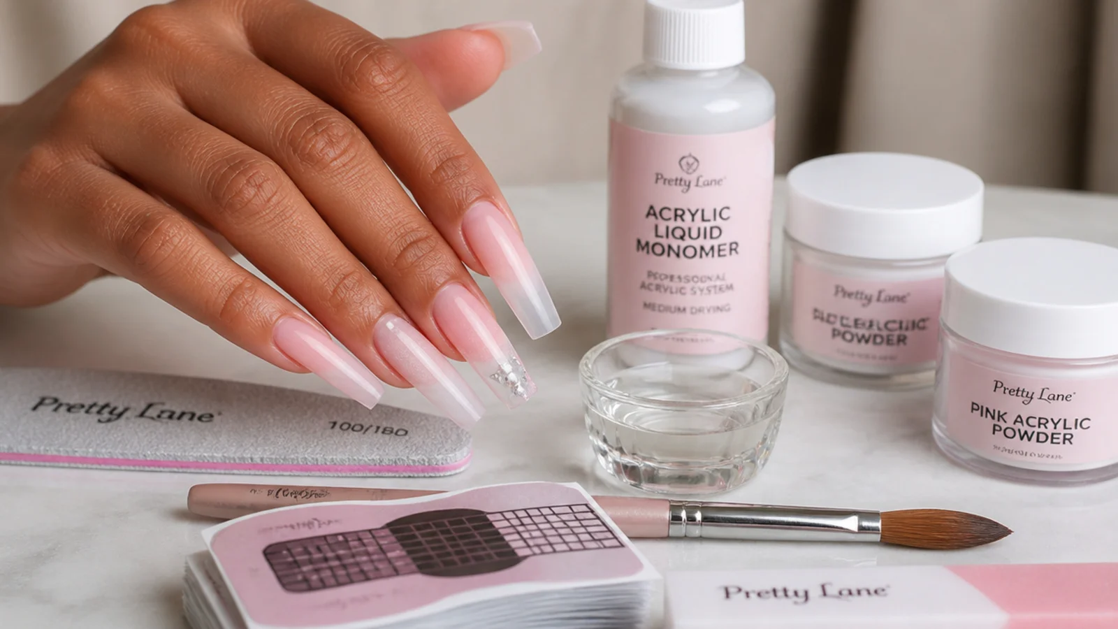 Coffin acrylic nail starter kit with monomer, clear and pink powders, an acrylic brush and forms