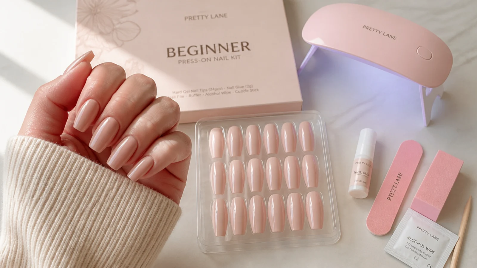 Beginner coffin nail kit laid out with medium press-on tips, glue, buffer and a mini LED lamp
