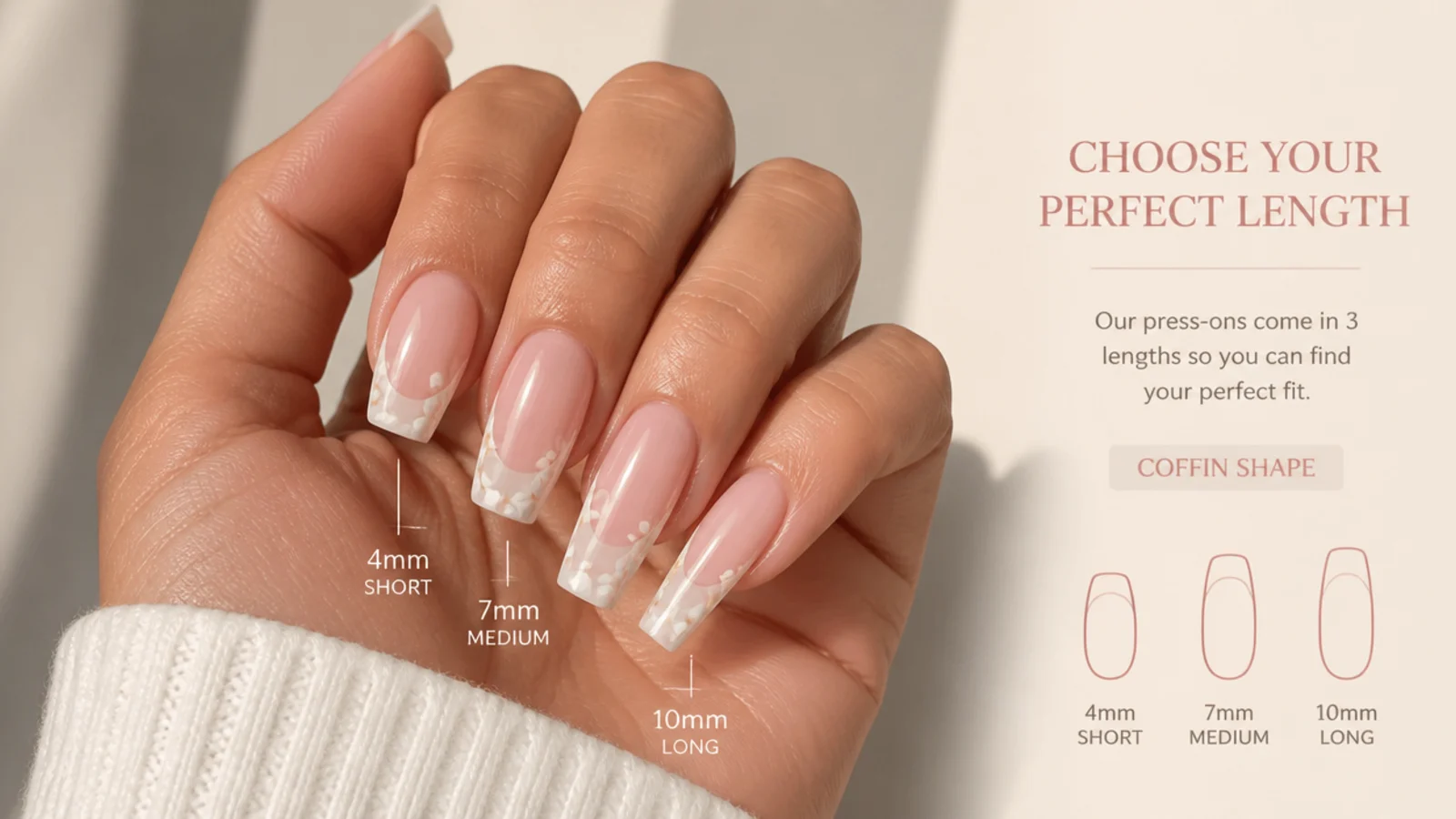 Short, medium and long coffin press-on nails side by side showing 4mm, 7mm and 10mm free edge