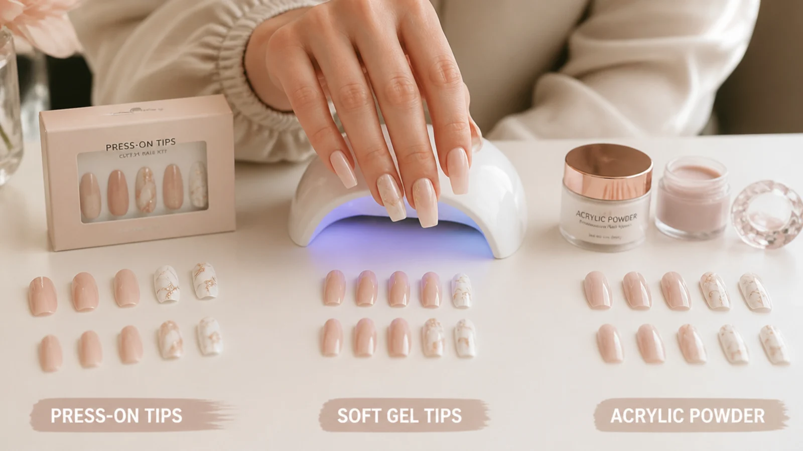 Three coffin nail kits side by side showing press-on tips, soft gel tips with a lamp, and acrylic powder