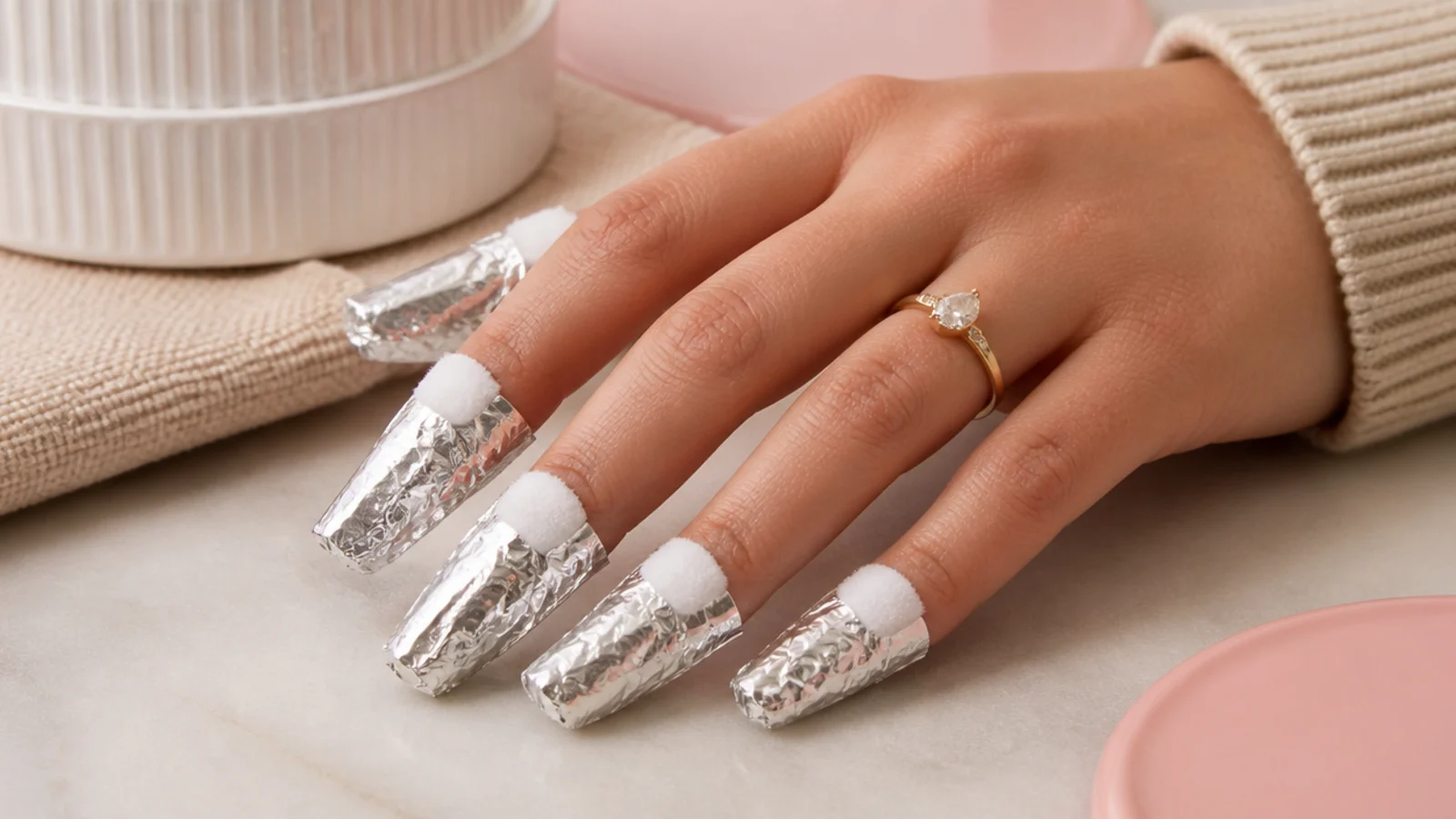 Cotton pads soaked in acetone wrapped in foil on coffin nails for a ten minute soak